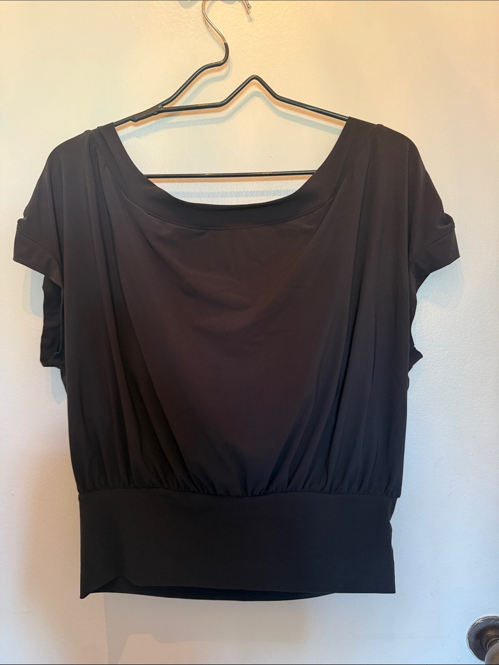 Black Women's Short Sleeve Blouse - Elegant Draped Top
